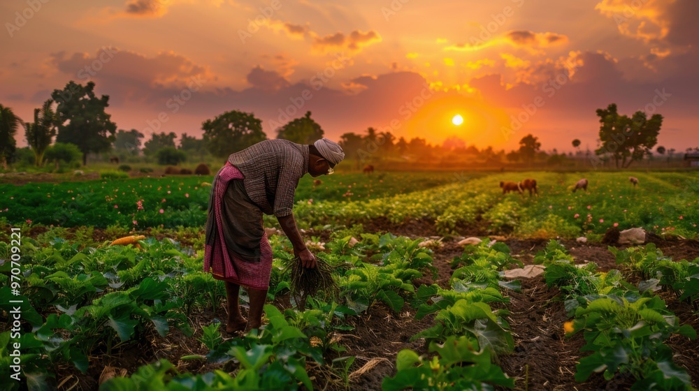indian farmer working in vegetable garden at sunset indian farmer working in vegetable garden at sunset