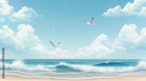 Seagulls Flying Over Ocean Waves and Blue Sky with Clouds