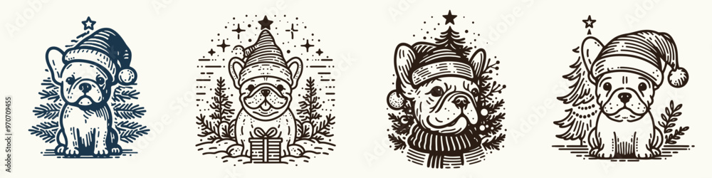 Festive illustrations of a dog in a Santa hat surrounded by Christmas trees and decorations, perfect for holiday themes. Festive illustrations of a dog in a Santa hat surrounded by Christmas trees and decorations, perfect for holiday themes.