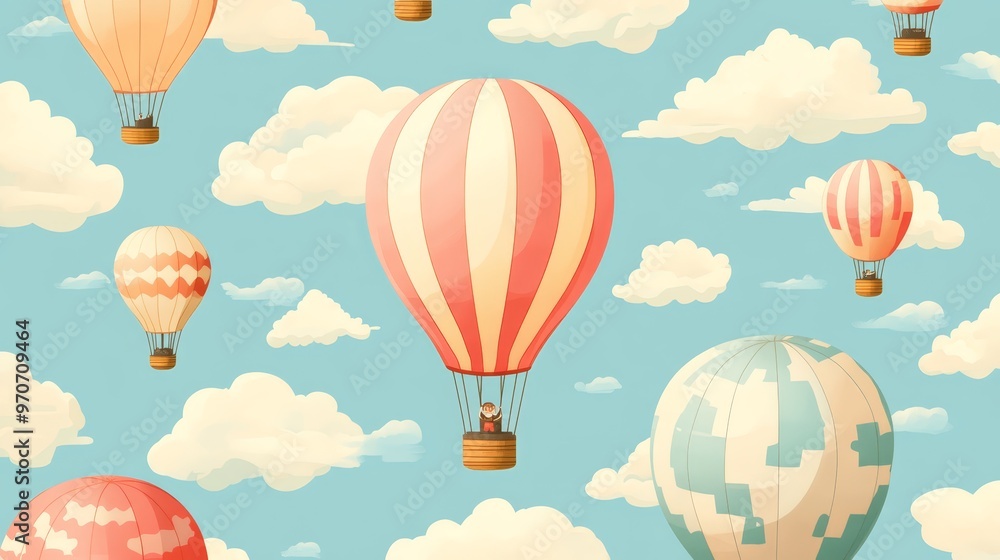 Colorful Hot Air Balloons Flying in the Sky with Clouds Colorful Hot Air Balloons Flying in the Sky with Clouds