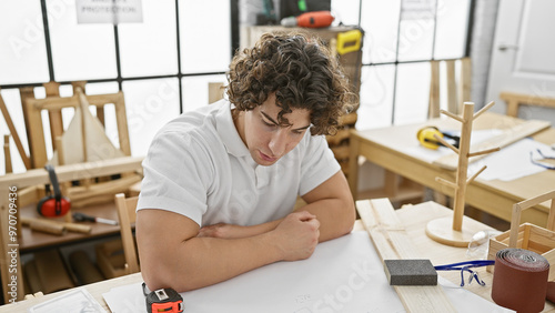 A pensive young hispanic man leaning on a carpentry studio workbench, surrounded by woodworking tools and projects.