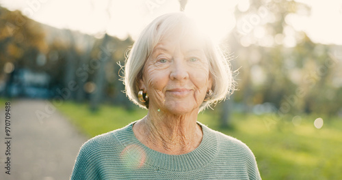 Slika na platnu Senior, woman and smile in portrait at park for morning walk, wellness and confidence in retirement
