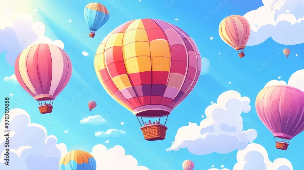 Obraz premium Colorful Hot Air Balloons Flying in Blue Sky with White Clouds