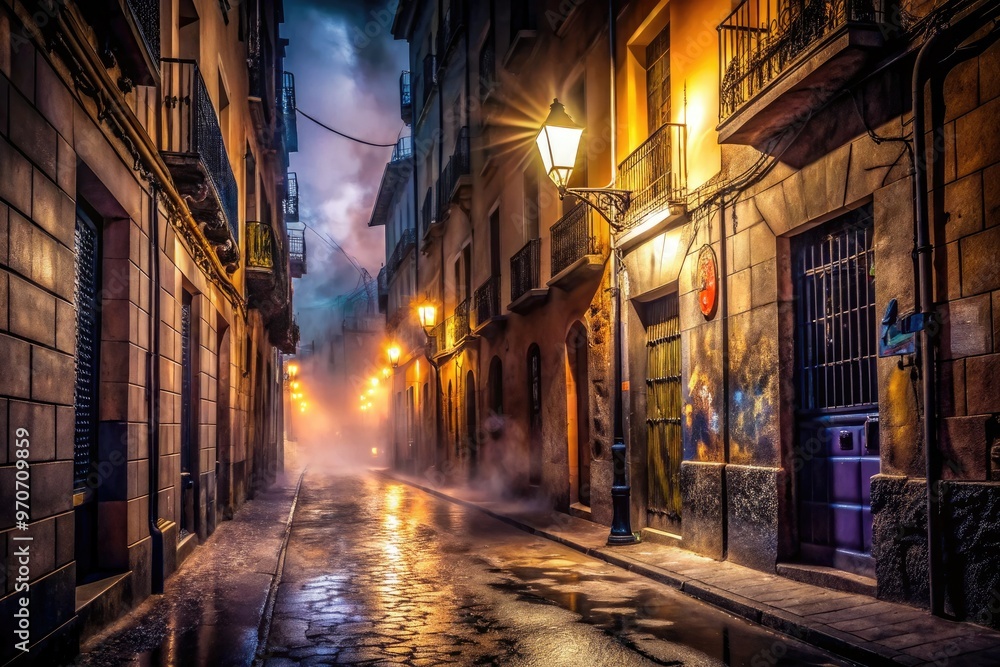 Fototapeta premium moody gritty urban streets madrid graffiti walls dark alleys misty night fog lamps dim warm tones high contrast monochrome shadows