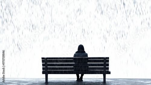 A Person Sitting Alone On A Bench Under A Rainstorm With An Isolated White Background During A Moment Of Reflection And Solitude . Generative ai