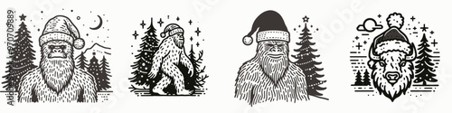 Festive illustrations of a playful yeti in various Christmas settings, blending holiday cheer with whimsical nature.