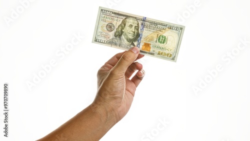 Hand holding us dollar bill against white background illustrating currency and finance concepts