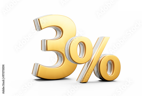 Shiny Golden 3% Three Percent Sign With Sleek Metallic Gleam On White Background 3D Illustration