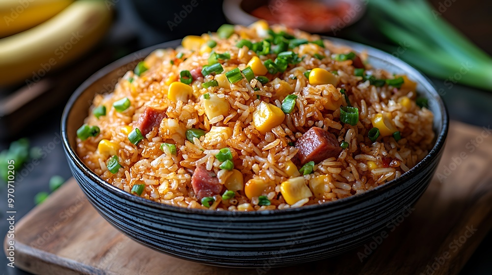 A bowl of fried rice with corn, ham, and scallions, on a wooden cutting board, with bananas in the background. A bowl of fried rice with corn, ham, and scallions, on a wooden cutting board, with bananas in the background.