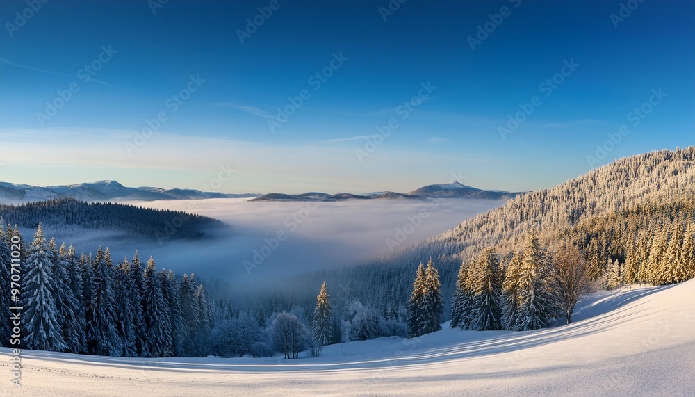 Winter morning fog over a snow-covered valley. Winter morning fog over a snow-covered valley.