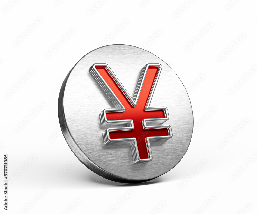 Obraz premium Vibrant Red Japanese Yen Currency Symbol On A Metallic Silver Disc Icon 3D Illustration
