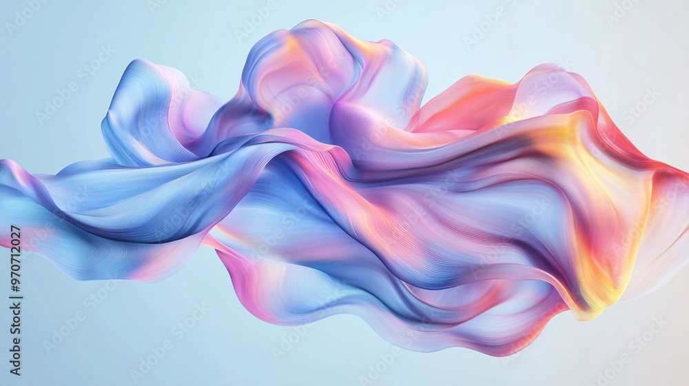 Fototapeta premium Elegant Abstract Colorful Shape Floating on a Light Blue Background, Featuring Smooth Curves, Gradient Color, and Soft Edges with Fluid Lines and Light Reflections for a Modern, Vibrant Design.