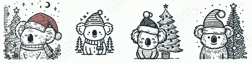 Festive koala illustrations wearing Santa hats and scarves, surrounded by snowy trees and seasonal decorations.