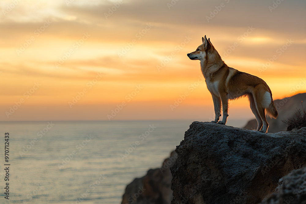 A dog stands on a rocky cliff, gazing at the ocean during a colorful sunset. A dog stands on a rocky cliff, gazing at the ocean during a colorful sunset.