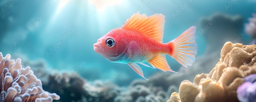 Biotech Designed Glowing Fish Swimming in Vibrant Coral Reef Ecosystem Biotech Designed Glowing Fish Swimming in Vibrant Coral Reef Ecosystem