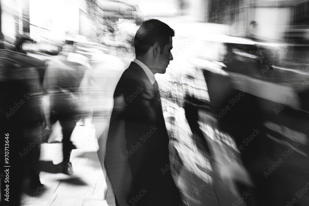 an Elegant Man Walking Through a Crowded Street, Captured from Street Level with Modern Attire and Blurred Motion Effect, Creating a Dynamic Monochromatic Scene an Elegant Man Walking Through a Crowded Street, Captured from Street Level with Modern Attire and Blurred Motion Effect, Creating a Dynamic Monochromatic Scene