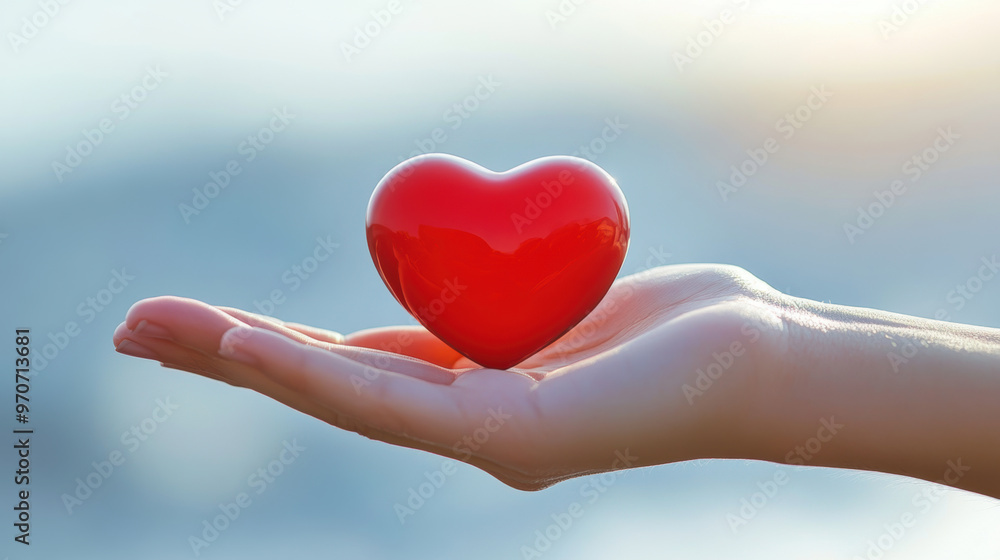 Fototapeta premium 3D Heart on hand holding heart symbol sign healthcare medical equipment right hand red heart red heart