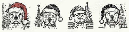 Four festive dog illustrations wearing Santa hats, perfect for holiday themes and decorations, showcasing winter cheer.