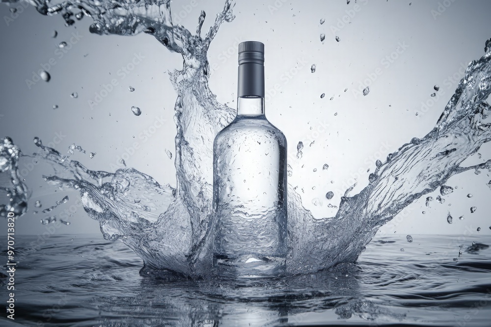 Bottle of Vodka Surrounded by a Water Splash, Centered on a Gray Background with Studio Lighting, Featuring Swirling Ribbons of Water for an Elegant Composition Bottle of Vodka Surrounded by a Water Splash, Centered on a Gray Background with Studio Lighting, Featuring Swirling Ribbons of Water for an Elegant Composition
