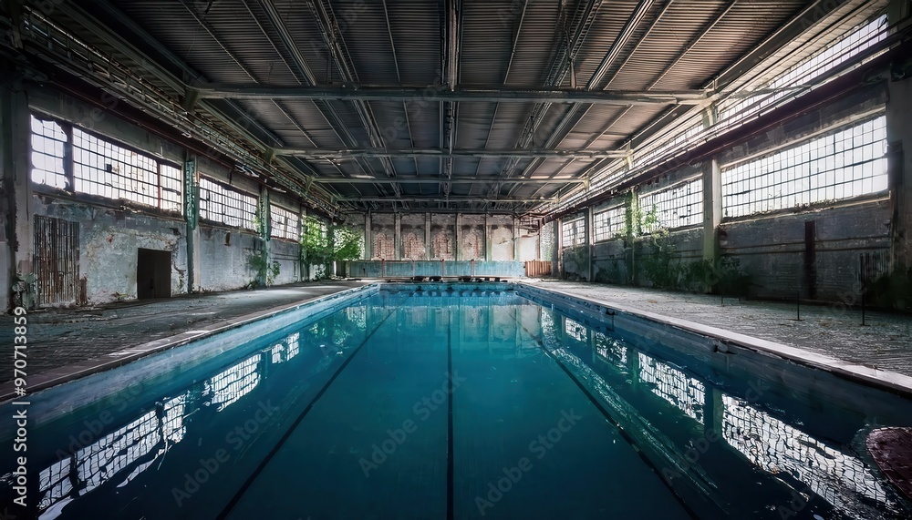 Fototapeta premium Abandoned Industrial Building with an Intact Swimming Pool Reflecting Sunlight Through Large Windows