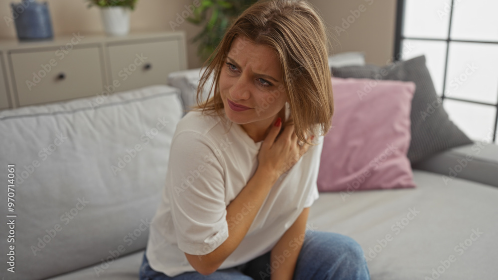 A young, blonde, attractive woman in a living room is sitting on a couch with an expression of discomfort, holding her neck with her hand. A young, blonde, attractive woman in a living room is sitting on a couch with an expression of discomfort, holding her neck with her hand.