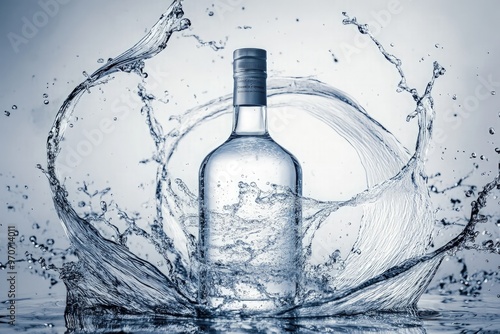 Bottle of Vodka Surrounded by a Water Splash, Centered on a Gray Background with Studio Lighting, Featuring Swirling Ribbons of Water for an Elegant Composition