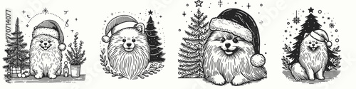 Four festive illustrations of fluffy dogs wearing Christmas hats, surrounded by trees and holiday elements, perfect for seasonal decor.