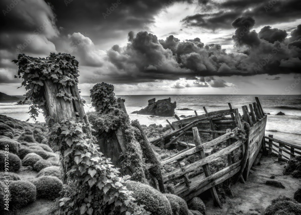 Abandoned decaying naval graveyard, distressed wooden hulks overgrown with vines rough rocky coastline stormy dark sky ominous high contrast black and white Abandoned decaying naval graveyard, distressed wooden hulks overgrown with vines rough rocky coastline stormy dark sky ominous high contrast black and white