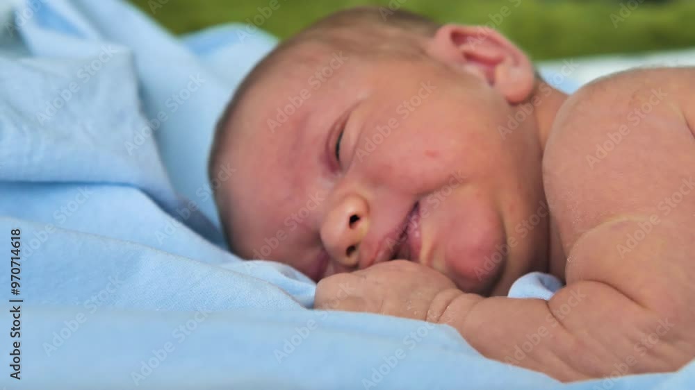 A newborn baby lying on light blue bed linen. A close-up of the baby's face with a tiny nose and a curled fist near the mouth. The infant is screaming and licking his fist A newborn baby lying on light blue bed linen. A close-up of the baby's face with a tiny nose and a curled fist near the mouth. The infant is screaming and licking his fist