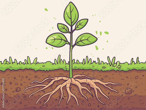 Vibrant Doodle Illustration of a Symbiotic Plant and Soil Depicting Environmental Stewardship