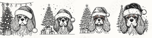 Playful dog illustrations in Santa hats, surrounded by festive trees and gifts, perfect for holiday designs and decorations.