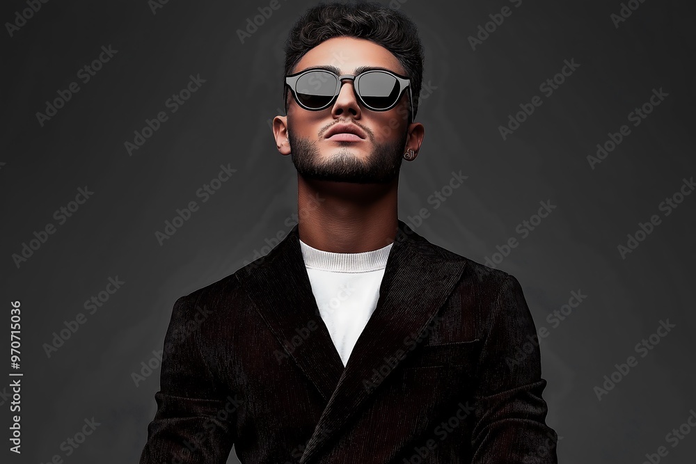 Obraz premium Elegant young handsome man in suite wearing glasses. Studio fashion portrait