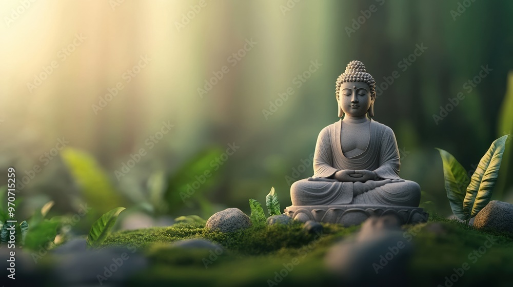 A serene Buddha statue surrounded by lush greenery and soft light, symbolizing peace, tranquility, and spiritual growth. A serene Buddha statue surrounded by lush greenery and soft light, symbolizing peace, tranquility, and spiritual growth.