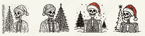Playful skeleton illustrations celebrating the festive season with hats and trees, perfect for holiday-themed designs.
