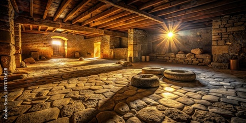 Dramatic low key lighting on ancient stone threshing floor