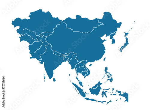 Cartoon pictures of Asia map on white background. All countries of Asia in  Modern colors. Can use for printing, website, presentation element, textile. Vector illustration.