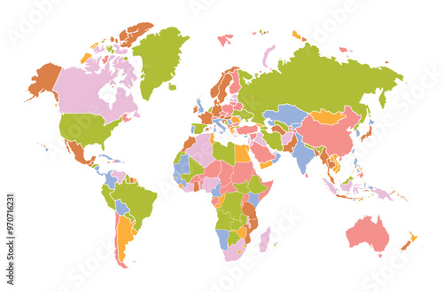 Cartoon pictures of world map on white background. All countries of the world in different colors. Can use for printing, website, presentation element, textile. Vector illustration.