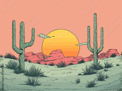 Minimal Desert Scene with Cactus Illustrating Arid Environments and Safety