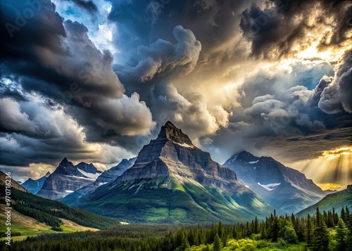 Dramatic cloudscape stormy weather Glacier National Park turbulent skies ominous dark clouds vastness power nature towering peaks strong bold contrasts photo