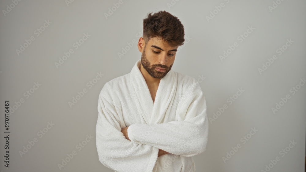 Handsome young hispanic man with a beard standing with arms crossed in a white robe against an isolated white background Handsome young hispanic man with a beard standing with arms crossed in a white robe against an isolated white background