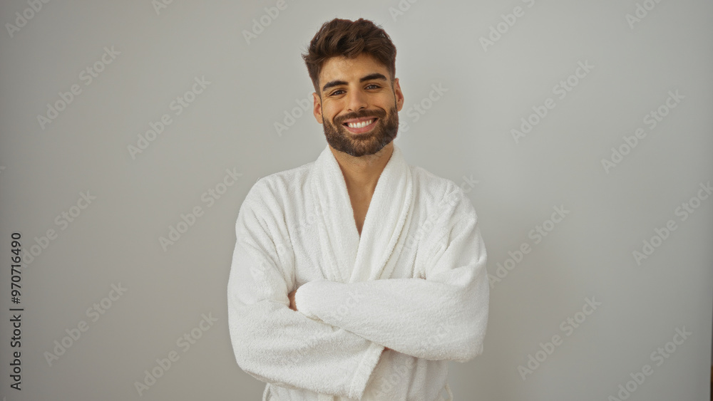 Handsome young man with beard smiling confidently with arms crossed while wearing a white bathrobe over an isolated white background Handsome young man with beard smiling confidently with arms crossed while wearing a white bathrobe over an isolated white background