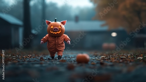 A whimsical Halloween scene featuring a child in a pumpkin head costume walking down a foggy path, surrounded by autumn leaves. photo