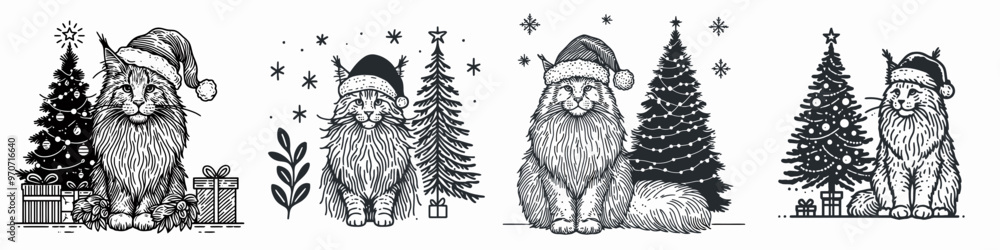 Obraz premium Whimsical illustrations of cats in festive hats, surrounded by Christmas trees, capturing the holiday spirit with charm and delight.