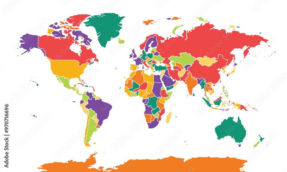 Obraz premium Cartoon pictures of world map on white background. All countries of the world in different colors. Can use for printing, website, presentation element, textile. Vector illustration.