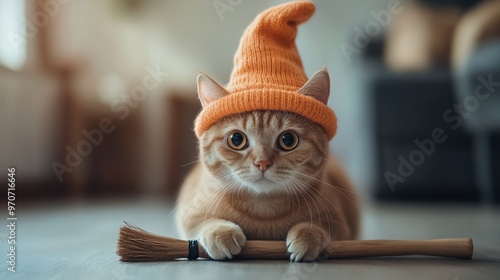 Adorable cat wearing an orange hat, playfully lying down with a brush, perfect for pet lovers and cozy home settings. photo