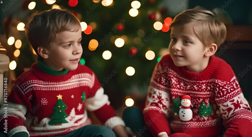 Children in Christmas sweaters. Children in Christmas sweaters.
