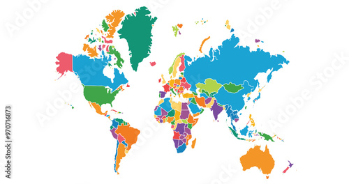 Cartoon pictures of world map on white background. All countries of the world in different colors. Can use for printing, website, presentation element, textile. Vector illustration.