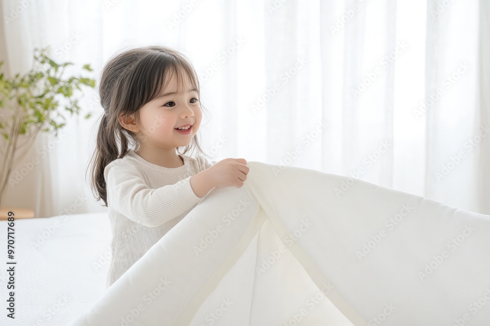 Little Girl Pulling Mattress Cover in a Japanese-Style Bedroom with a White Background Conveying Childlike Innocence and Charm with Soft Tones and Natural Light Little Girl Pulling Mattress Cover in a Japanese-Style Bedroom with a White Background Conveying Childlike Innocence and Charm with Soft Tones and Natural Light
