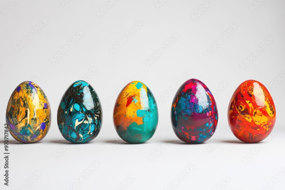 Colorful handmade easter eggs displayed on a simple backdrop Colorful handmade easter eggs displayed on a simple backdrop