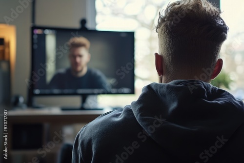 Man Asking Question While Watching Live Stream with Focus on Screen Showing Active Streamer, Capturing Viewer-Streamer Interaction and Real-Time Connection